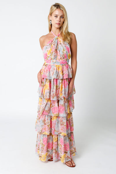 Darcy Tiered Floral Halter Ruffle Maxi Dress