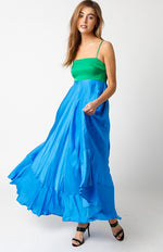 Shila Satin Square Neck Color Block Maxi Dress - Green/Blue