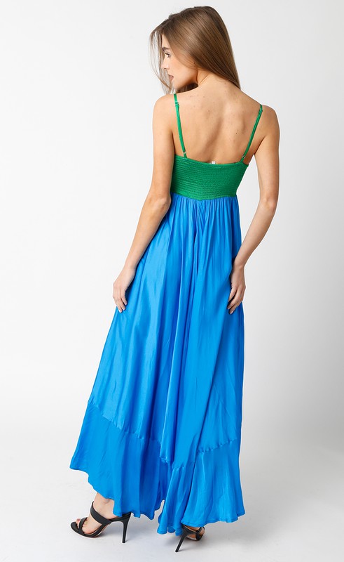 Shila Satin Square Neck Color Block Maxi Dress - Green/Blue