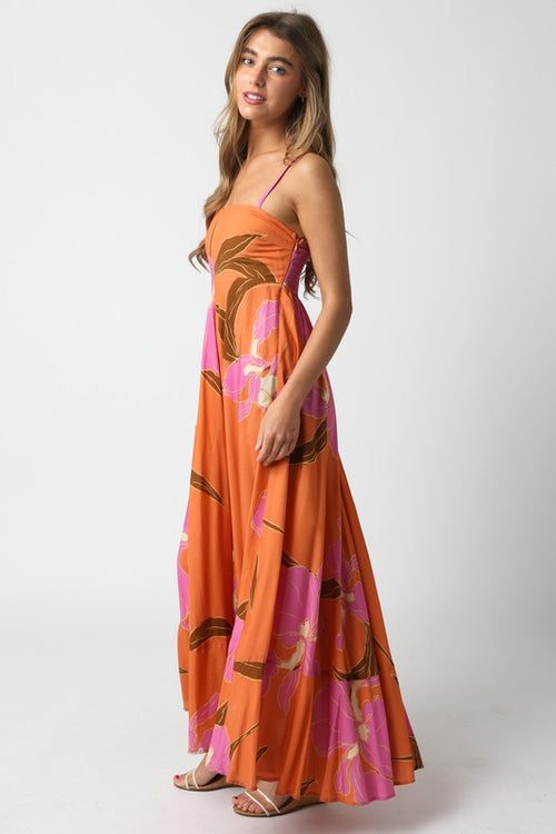 Shila Floral Square Neck Maxi Dress - Apricot/Pink