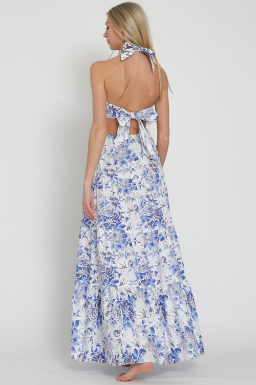 Yalin Floral Halter Cut Out Tie Back Maxi Dress