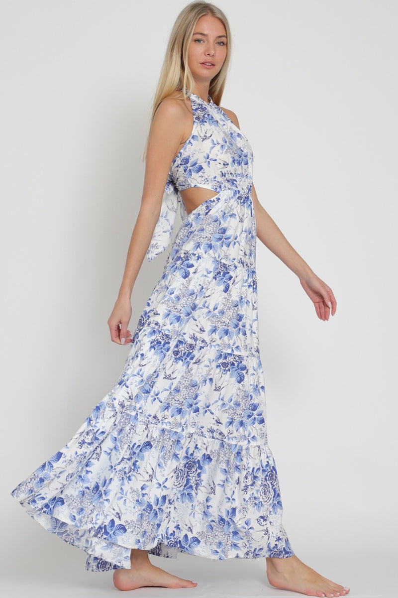 Yalin Floral Halter Cut Out Tie Back Maxi Dress