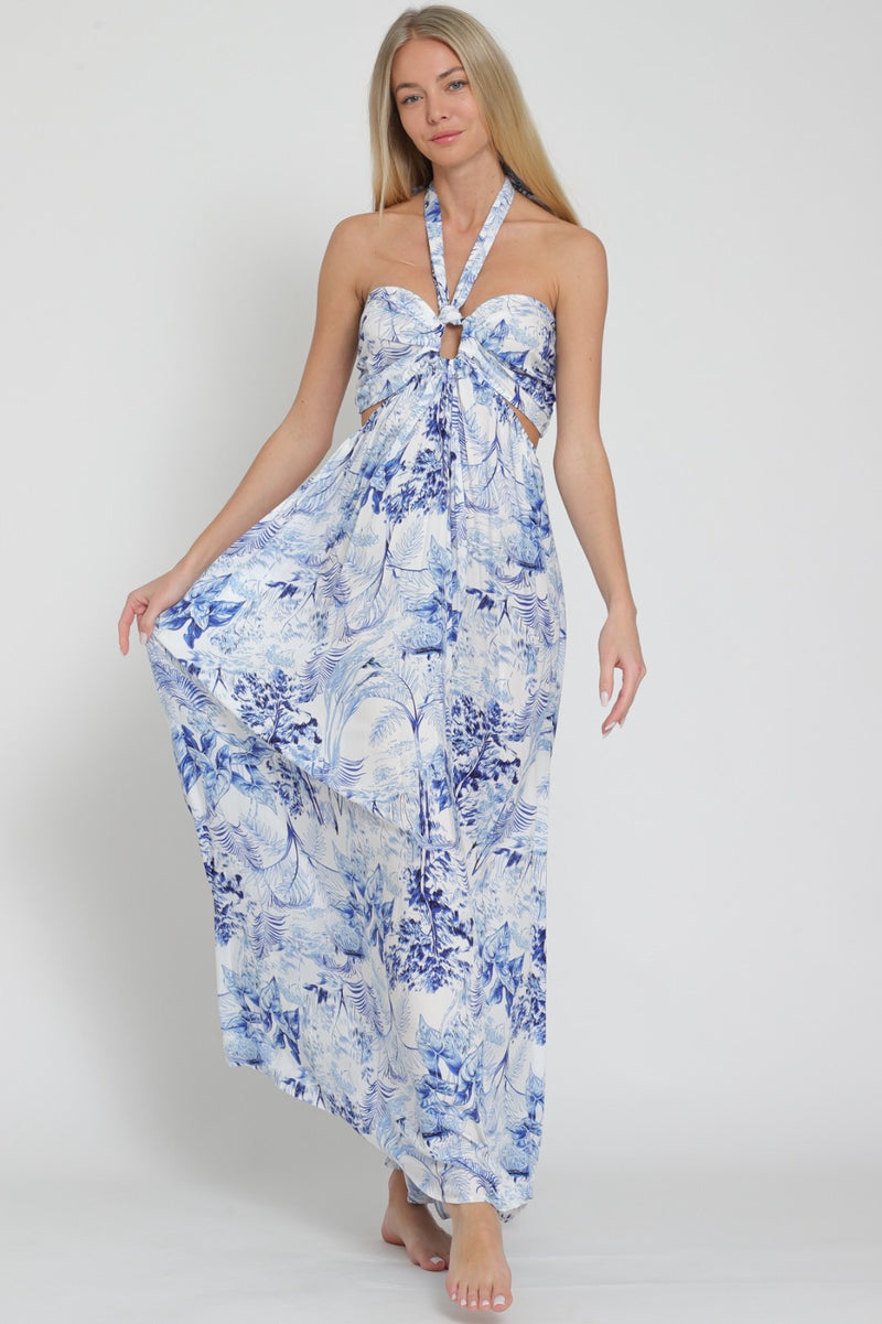 Hallie Halter Tropical Print Cut Out Maxi Dress