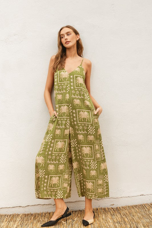 Mimi Tropical Print Tie Back Crop Jumpsuit