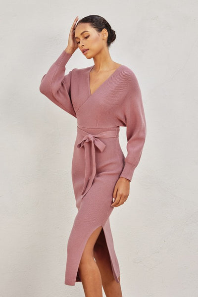 belted sweater dress Brigitte Ribbed Long Sleeve Belted Sweater Midi Dress