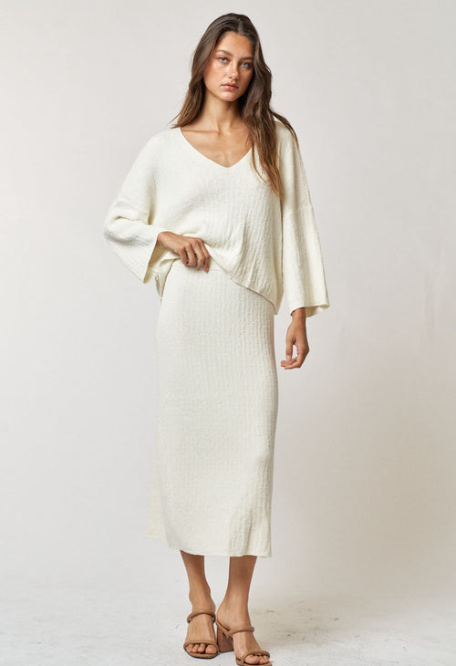 Amore Knit V-Neck Long Sleeve Top & Midi Skirt Set - Ivory