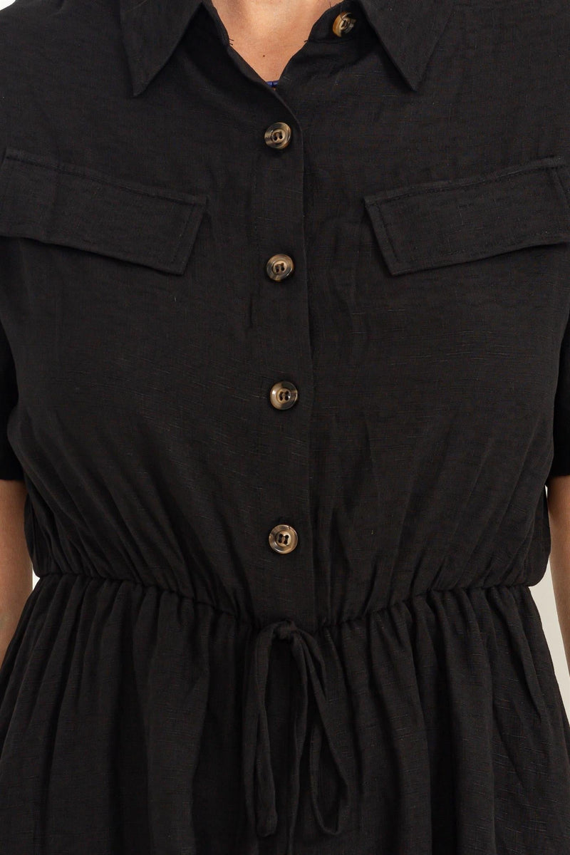 Suzette Button Up Waist Tie Short Sleeve Romper - Black