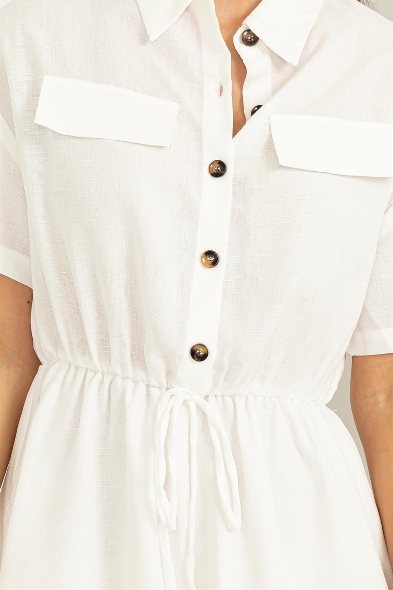 Suzette Button Up Waist Tie Short Sleeve Romper - White