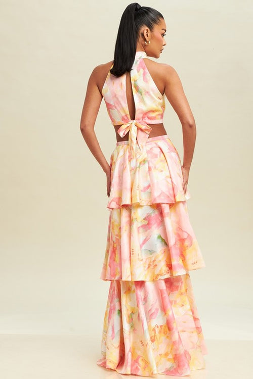 Raya Floral Halter Top And Tiered Maxi Skirt Set - Pink/Yellow