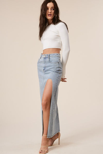 Cristina High Slit Denim Maxi Skirt – Girls Will Be Girls