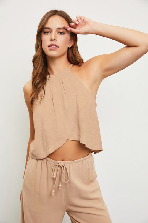 Brontia Halter Top And Wide Leg Pant Set - Taupe