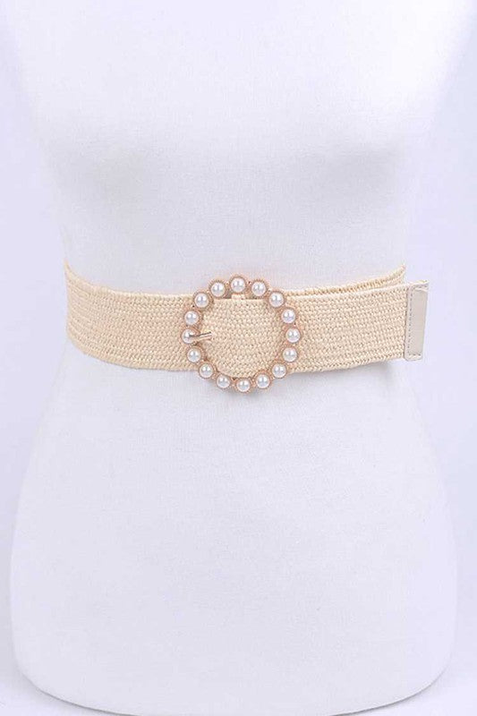 Harlee Pearl Buckle Stretch Belt - Ivory