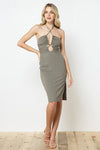 Suzanne Ribbed Front Cut Out Halter Midi Dress - Olive