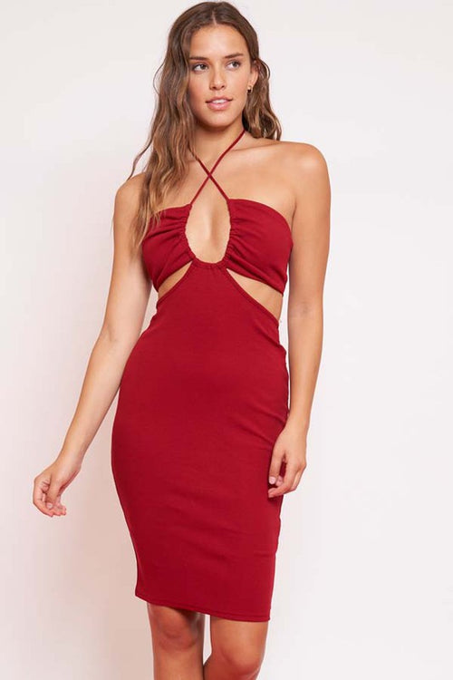 Daisy Ribbed Halter Cut Out Midi Dress - Red