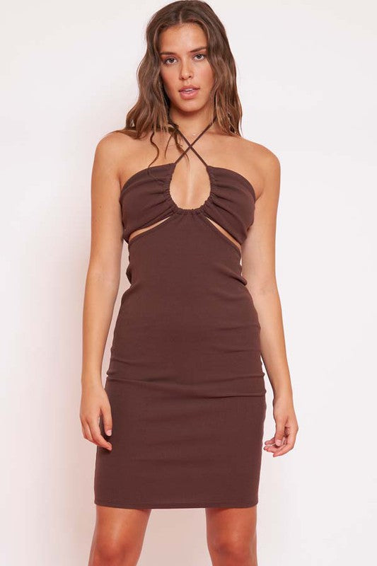 Daisy Ribbed Halter Cut Out Midi Dress - Brown