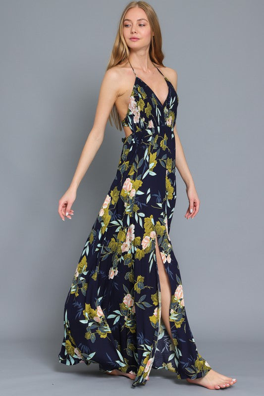 Elise Smocked Halter Floral Maxi Dress - Navy