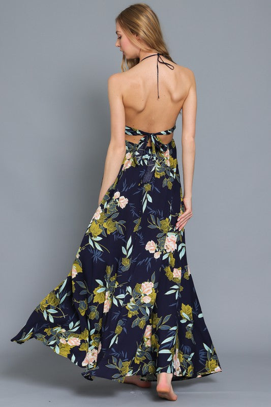 Elise Smocked Halter Floral Maxi Dress - Navy