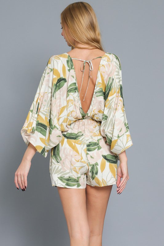 Paisleigh Kimono Sleeve Tie Back Romper - Ivory