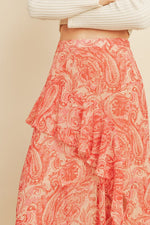 Kinley Paisley Print Ruffled Midi Skirt - Pink/Coral