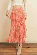 Kinley Paisley Print Ruffled Midi Skirt - Pink/Coral