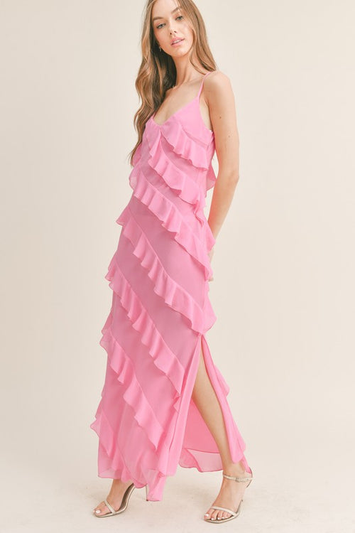 Reilly Asymmetrical Tiered Ruffle Maxi Dress - Pink