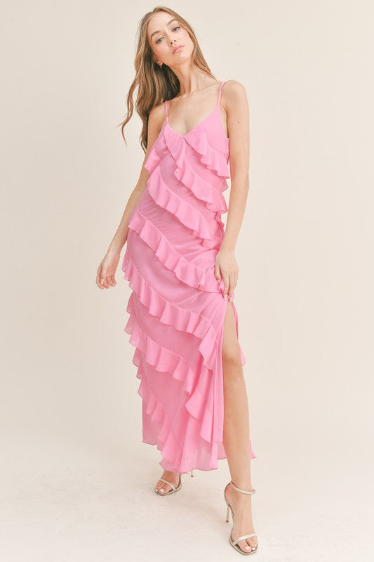 Reilly Asymmetrical Tiered Ruffle Maxi Dress - Pink