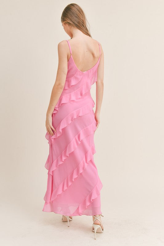 Reilly Asymmetrical Tiered Ruffle Maxi Dress - Pink