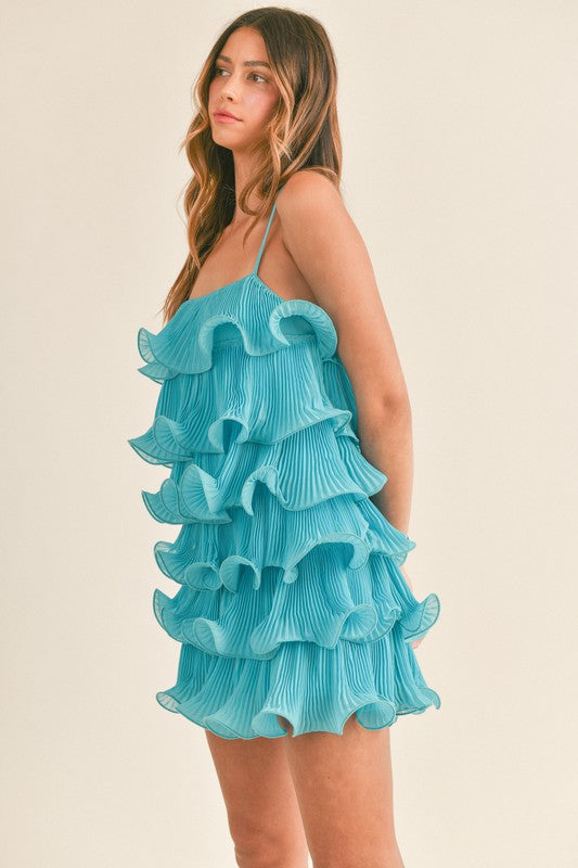 Katie Pleated Mini Dress - Aqua