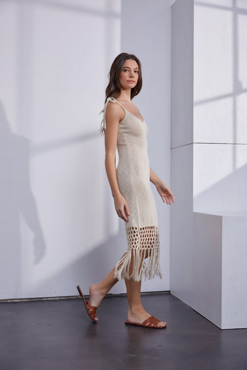Amara Shoulder Tie Knit & Fringe Hem Midi Dress - Beige