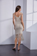 Amara Shoulder Tie Knit & Fringe Hem Midi Dress - Beige