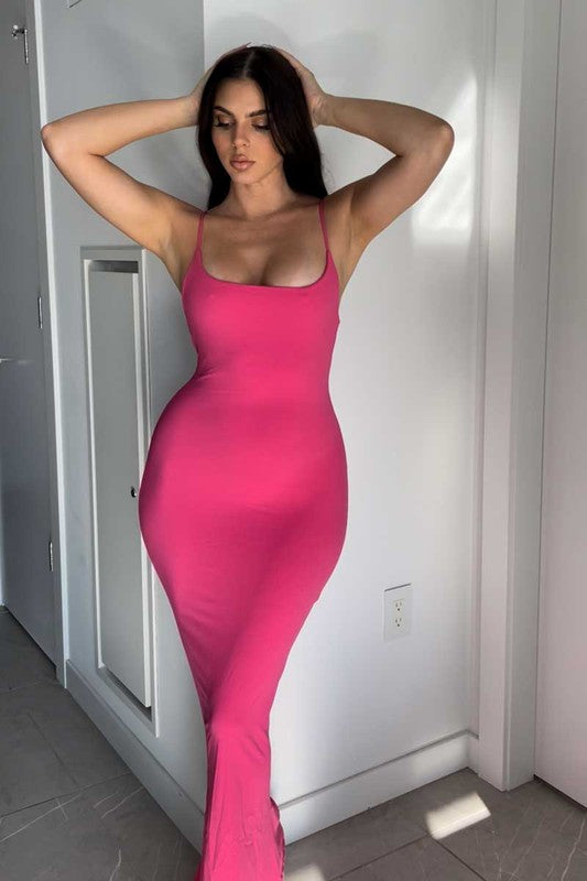 Deena Cami Low Neckline Bodycon Maxi Dress - Pink