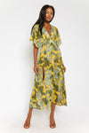 Amelia Sheer Kimono Plunge Neck Smocked Waist Maxi Dress/Coverup - Yellow/Green