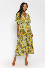 Amelia Sheer Kimono Plunge Neck Smocked Waist Maxi Dress/Coverup - Yellow/Green