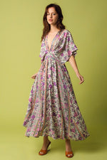Amelia Kimono Plunge Neck Smocked Waist Maxi Dress - Cream/Purple
