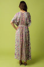 Amelia Kimono Plunge Neck Smocked Waist Maxi Dress - Cream/Purple