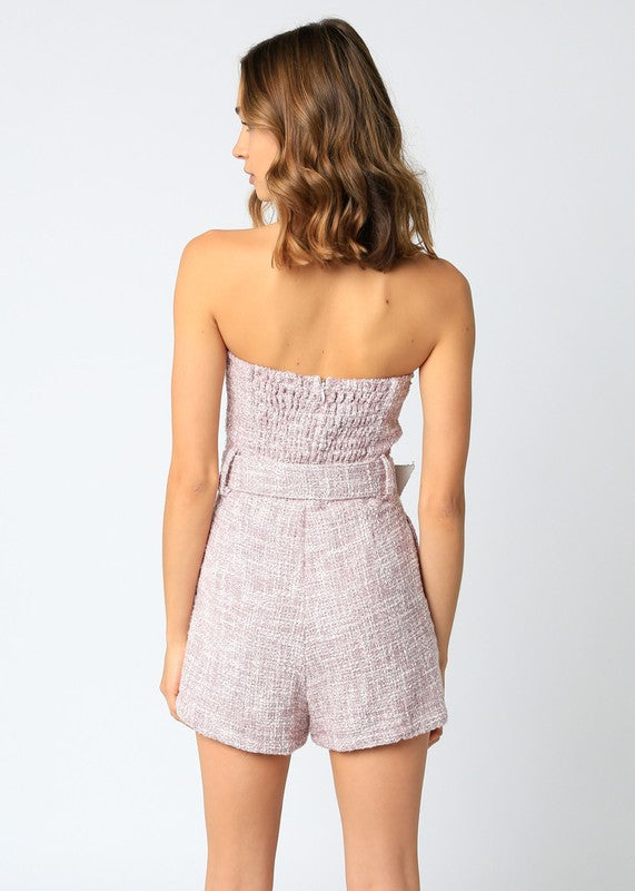 Talia Strapless Tweed Belted Romper - Red/Ivory
