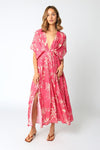 Amelia Kimono Plunge Neck Smocked Waist Maxi Dress - Fuschia/White
