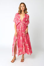 Amelia Kimono Plunge Neck Smocked Waist Maxi Dress - Fuschia/White