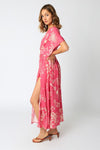 Amelia Kimono Plunge Neck Smocked Waist Maxi Dress - Fuschia/White
