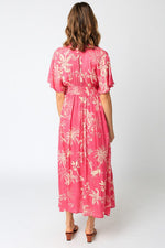 Amelia Kimono Plunge Neck Smocked Waist Maxi Dress - Fuschia/White