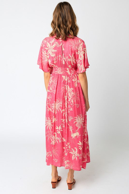 Amelia Kimono Plunge Neck Smocked Waist Maxi Dress - Fuschia/White