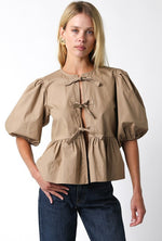 Gabriella Puff Sleeve Tie Front Top - Taupe