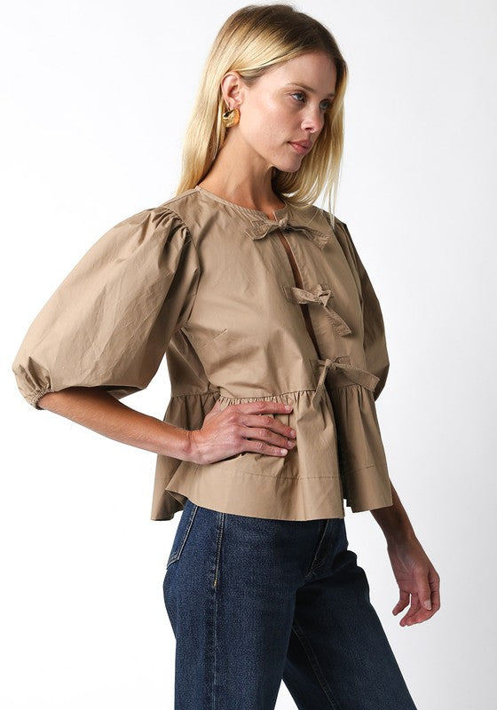 Gabriella Puff Sleeve Tie Front Top - Taupe