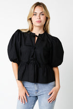 Gabriella Puff Sleeve Tie Front Top - Black