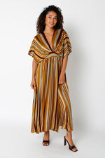 Amelia Kimono Plunge Neck Smocked Waist Maxi Dress - Brown/Multi