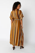 Amelia Kimono Plunge Neck Smocked Waist Maxi Dress - Brown/Multi