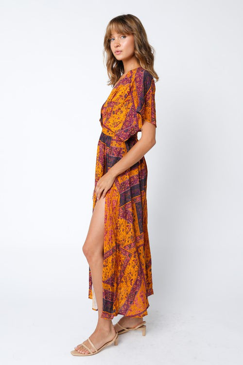 Amelia Kimono Plunge Neck Smocked Waist Maxi Dress - Mustard Purple