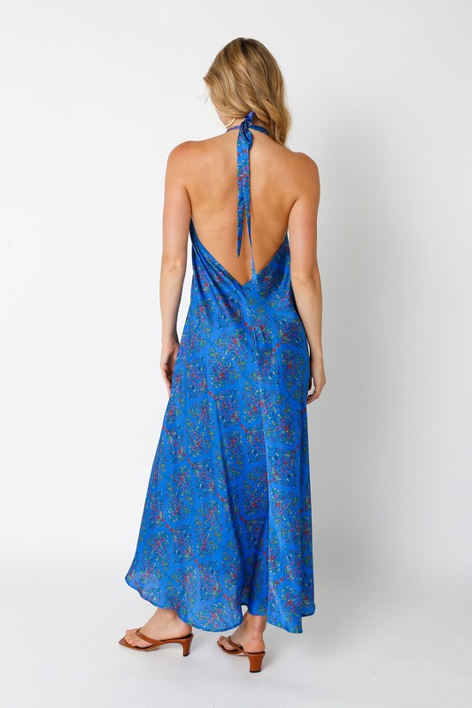 Lovella Satin Halter V Cut Low Back Midi Dress - Blue Floral
