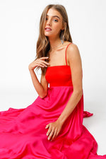 Shila Satin Square Neck Color Block Maxi Dress - Red/Fuchsia