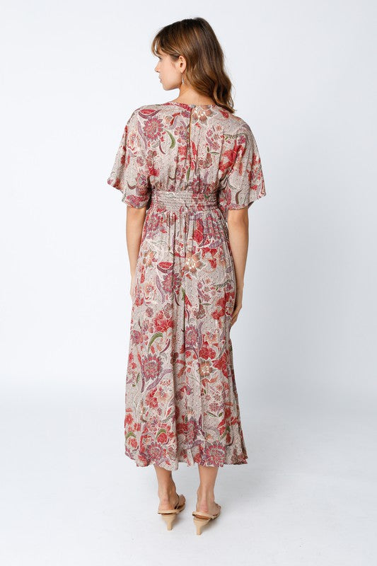 Amelia Kimono Plunge Neck Smocked Waist Maxi Dress - Red/Floral